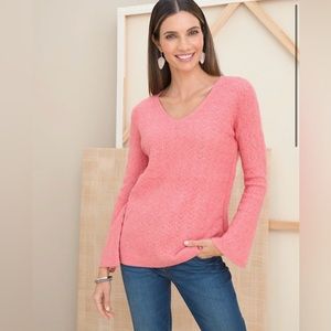 Chico’s Cable Knit V Neck Strawberry Blush Bracelet Sleeve Sweater Size 3/XL